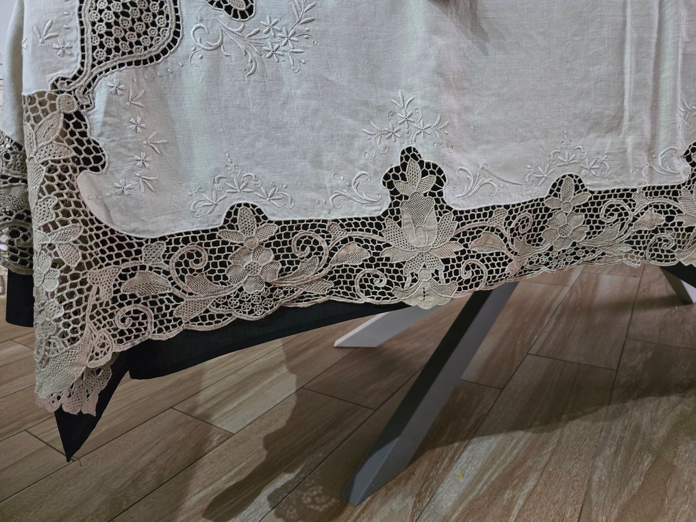 Antica tovaglia in puro lino con ricamo Burano di Venezia a mano 170x260 cm Spettacolare - Duk  - 260 cm - 170 cm #4.3