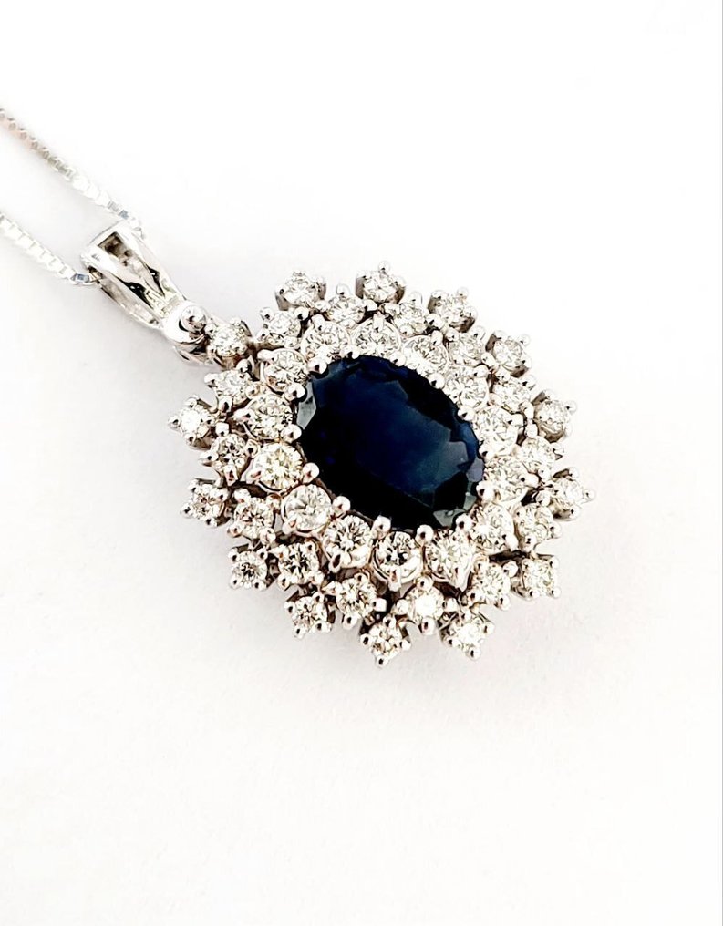 Colar com pingente - 18 K Ouro branco - 2.30ct. tw. Diamante (Natural) - Safira - Made in Italy #3.2