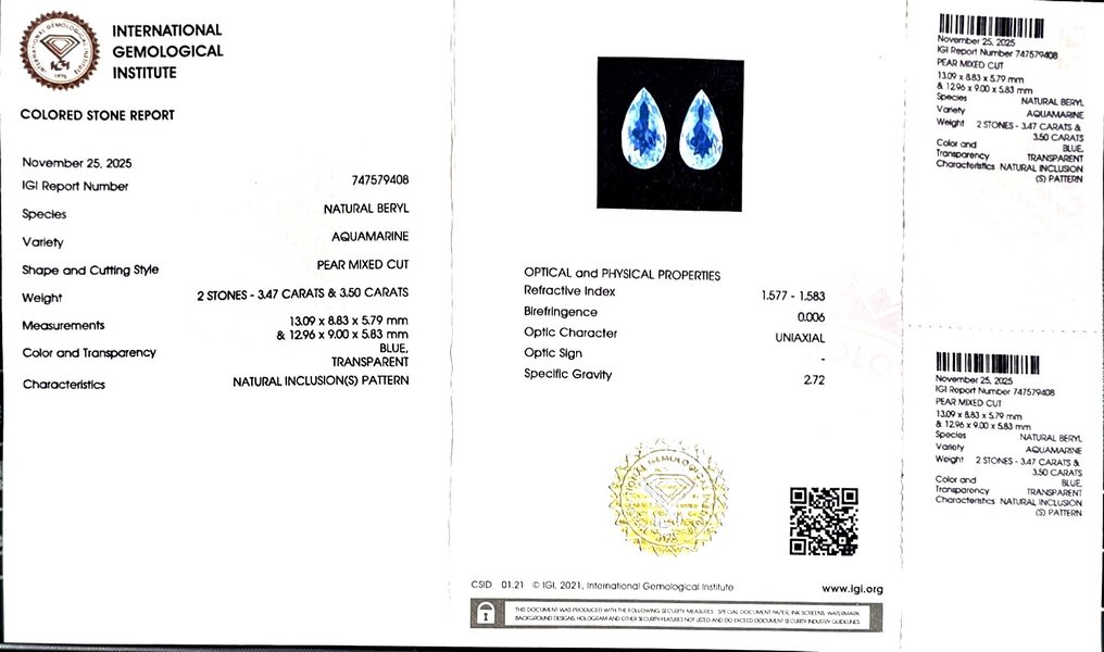 Fără preț de rezervă - 2 pcs  Albastru Aquamarine  - 6.97 ct - IGI (Institutul gemologic internațional) #2.1