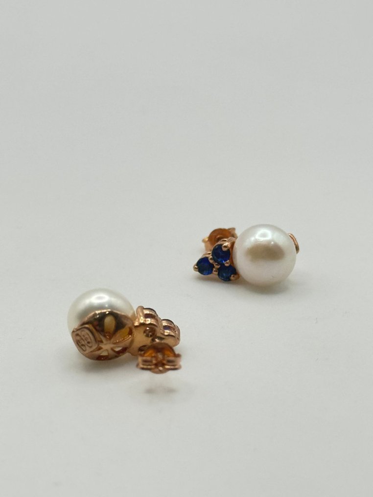 沒有保留價 - 耳環 - 9 節 銀, 玫瑰金 藍寶石 - 珍珠 #3.2