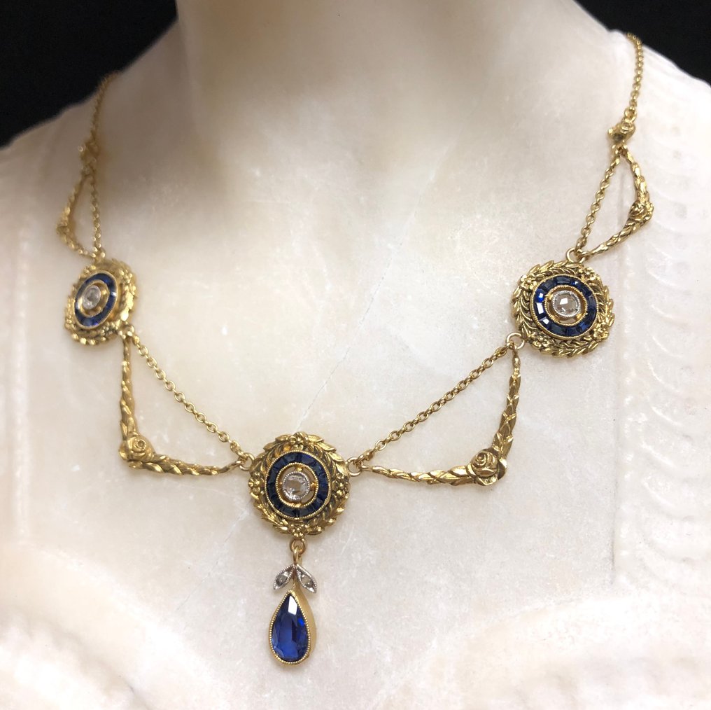 没有保留价 - 项链 - 18K包金 黄金 - 1.16ct. tw. 蓝宝石 - 钻石 - 长度40厘米 #3.2