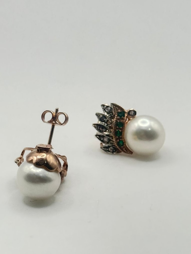 沒有保留價 - 耳環 - 9 節 銀, 玫瑰金 祖母綠 - 鉆石 #1.0