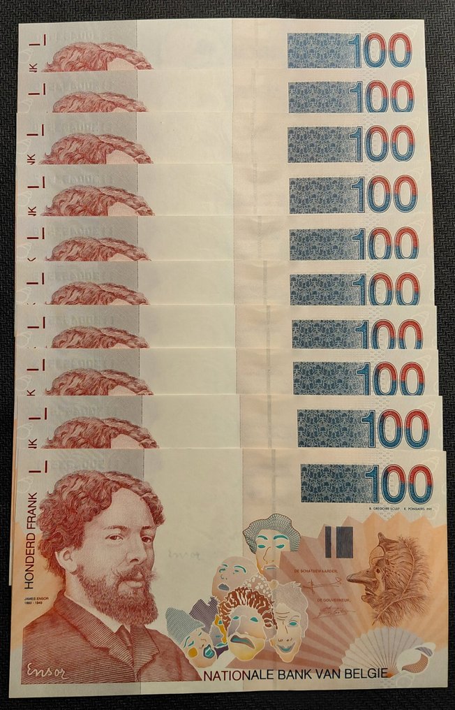 Belgium. - 10 x 100 Francs Francs - ND (1995-2001) - Consecutive - Pick 147 (No reserve price) #1.0