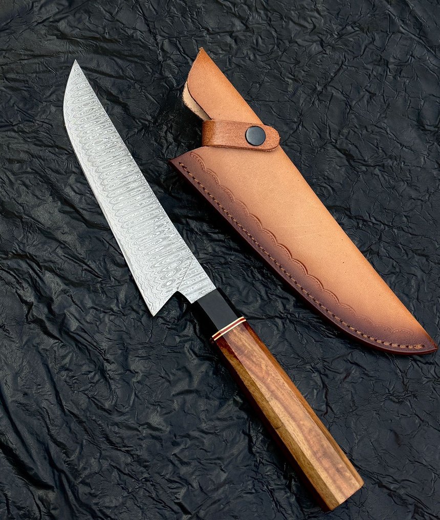 廚刀 -  厨房刀 - 大马士革10/95 15N20厨师刀手工制作，梯形花纹 - 木材 - 亞洲 #1.0