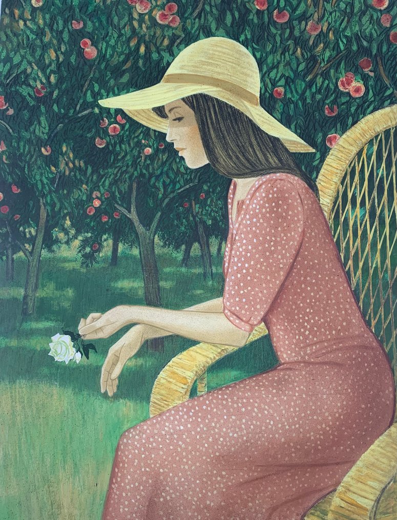Yves Ganne (1931-2019) - Portrait d’une Jeune Fille à la Fleurs dans un paysage au pommier (Vendu sans prix de reserve). #1.0