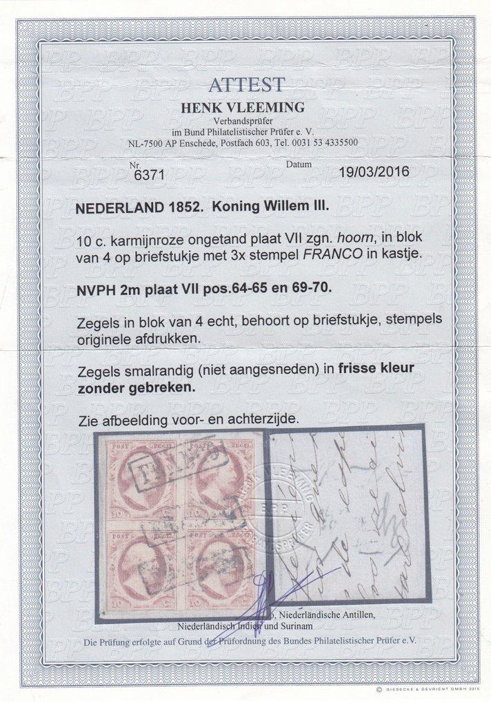 Holanda 1852 - Koning Willem III, em bloco de quatro - NVPH 2 #2.1