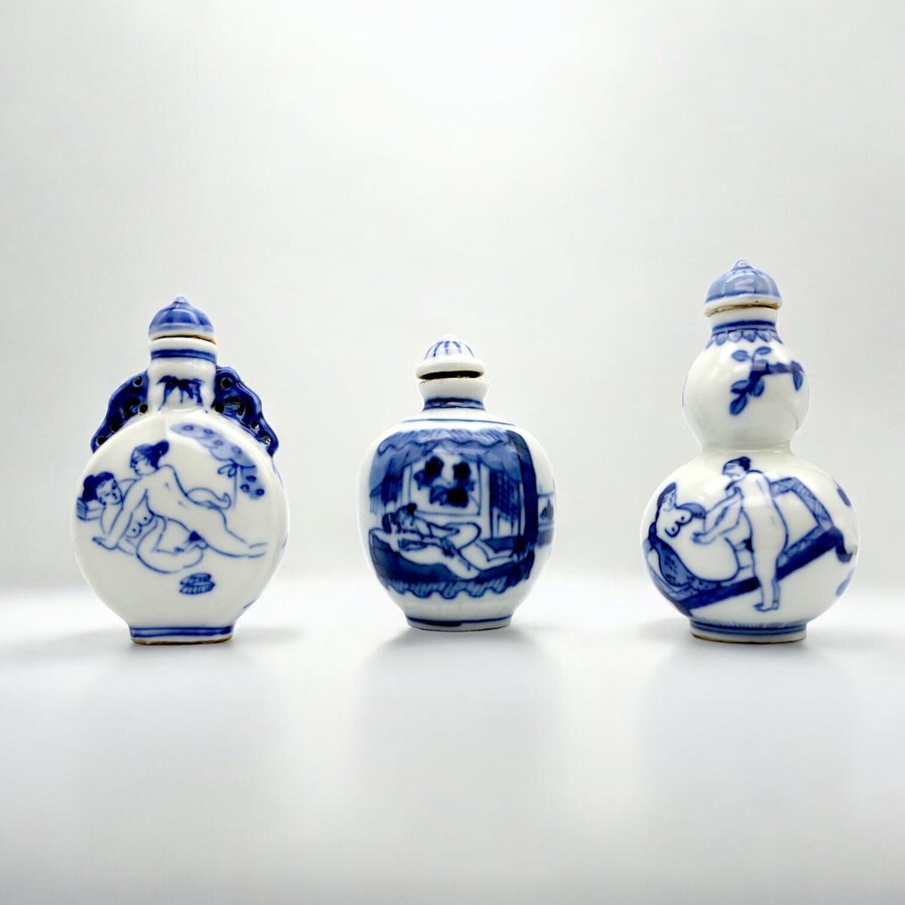 烟草盒 (3) - 稀有且古老的“情色场景”配有原装瓶盖 - 搪瓷, 瓷 #1.0