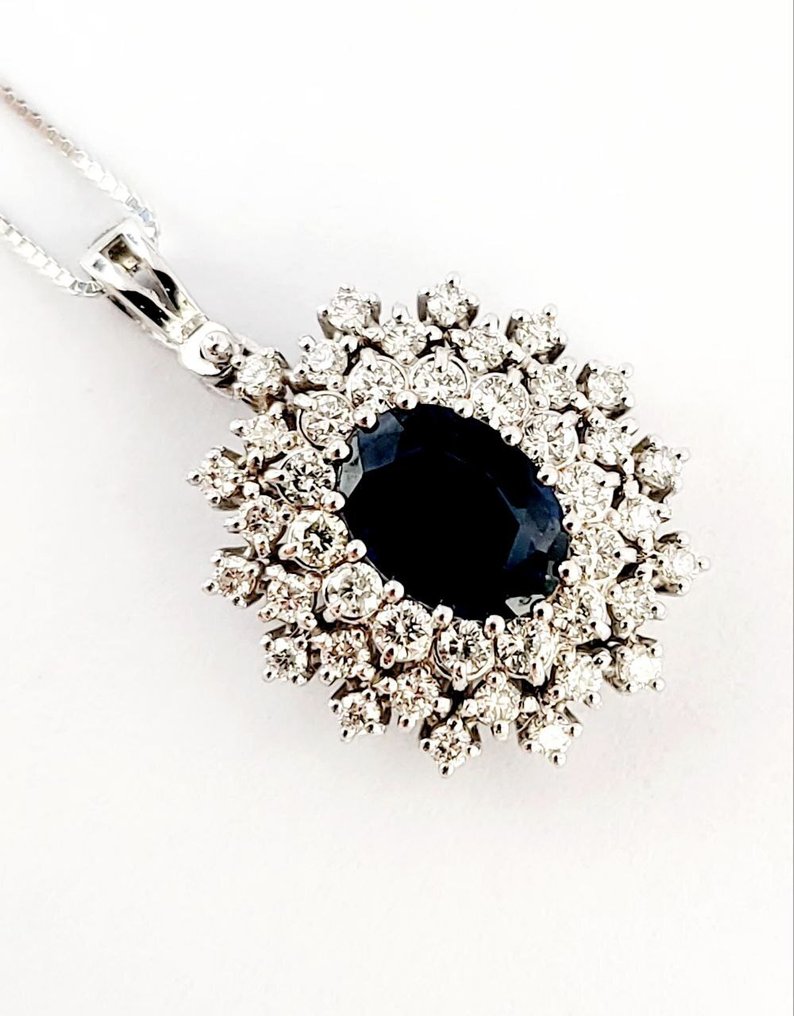 Colar com pingente - 18 K Ouro branco - 2.30ct. tw. Diamante (Natural) - Safira - Made in Italy #1.0