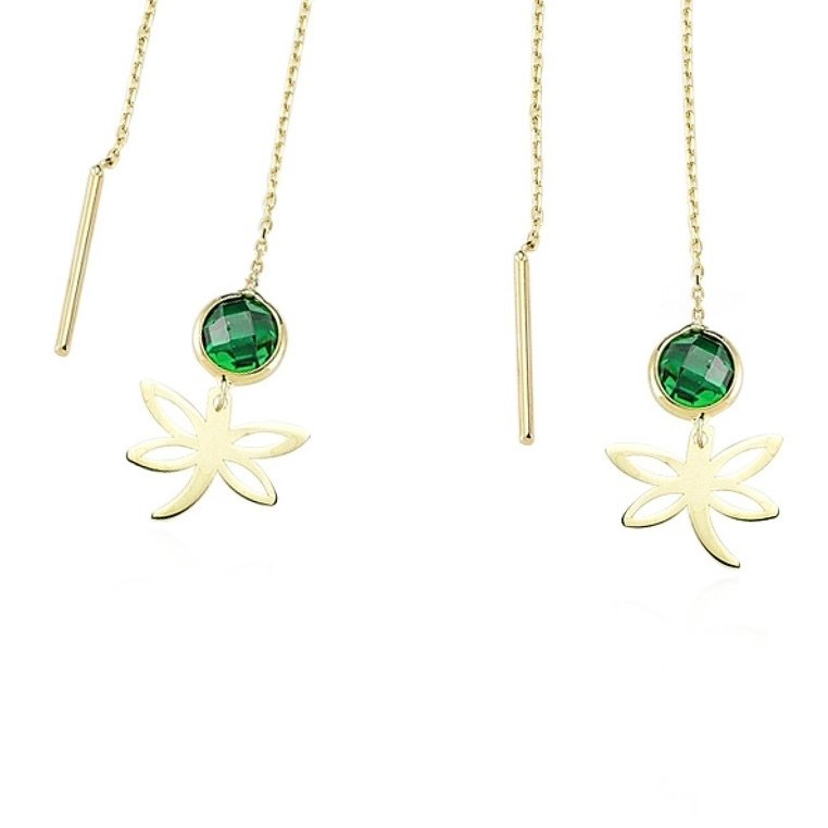Ingen mindstepris - Handmade - Øreringe - 14 karat Gulguld Zirkon - Dragonfly Grønsten #2.1