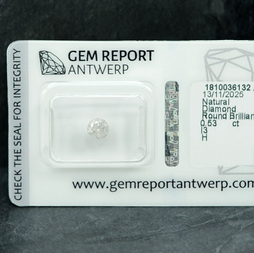 Ei pohjahintaa - 1 pcs Timantti  (Luonnollinen)  - 0.53 ct - Pyöreä - H - I3 - Jalokivitodistus, Antwerpen (GRA) #4.3