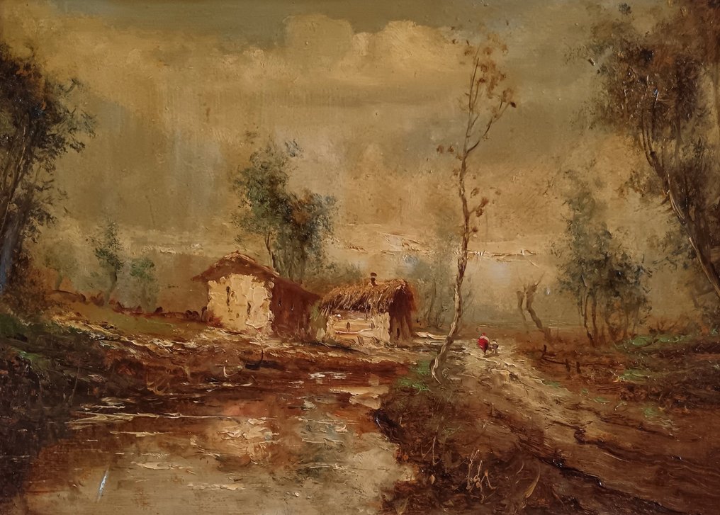 Athos Renzo Brioschi (1910-2000) - Paesaggio fluviale con rustici e figure #1.0