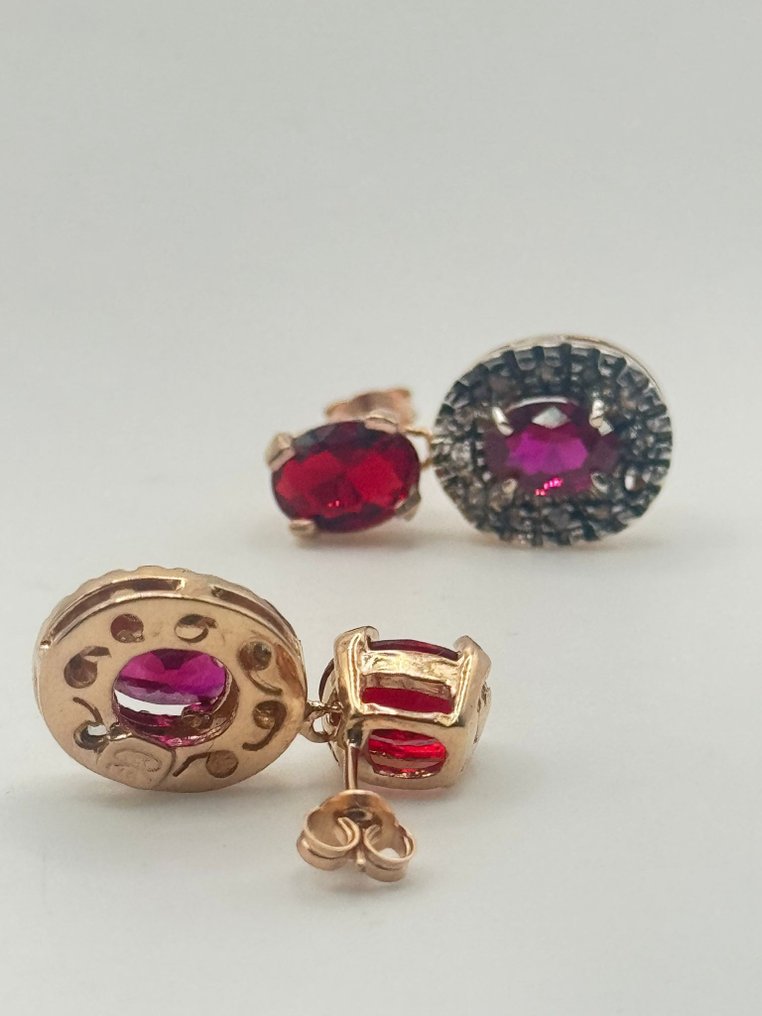 沒有保留價 - 耳環 - 9 節 銀, 玫瑰金 紅寶石 - 鉆石 #1.0