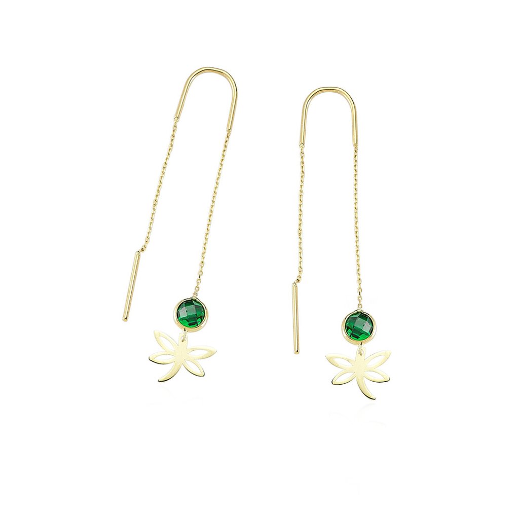 Ingen mindstepris - Handmade - Øreringe - 14 karat Gulguld Zirkon - Dragonfly Grønsten #3.2