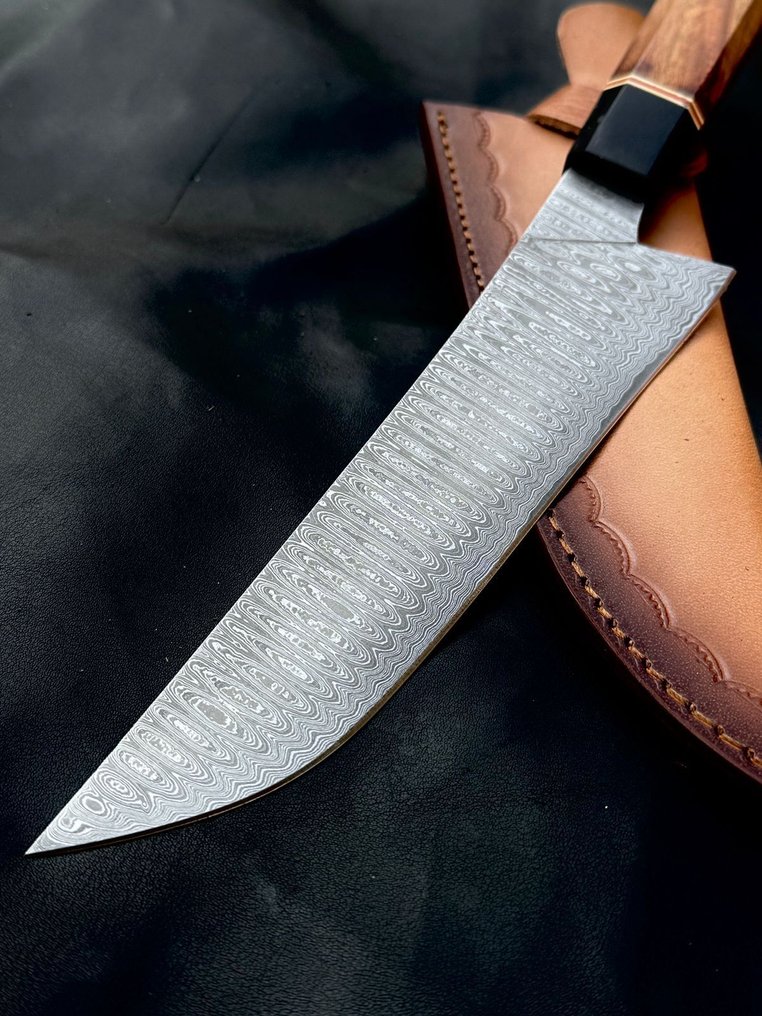 廚刀 -  厨房刀 - 大马士革10/95 15N20厨师刀手工制作，梯形花纹 - 木材 - 亞洲 #1.0