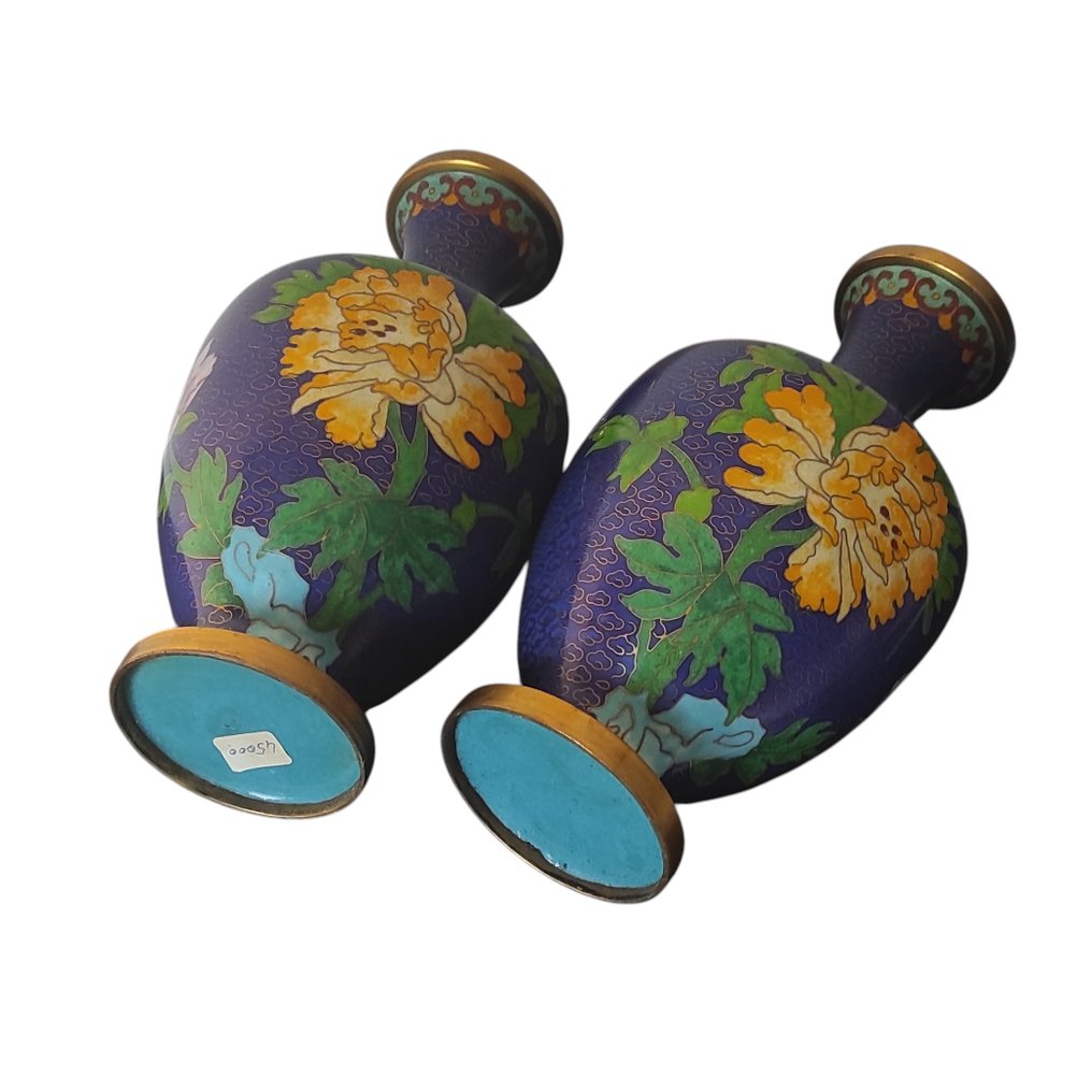 花瓶 - cloisonnè - 中國 - 一对花瓶“Floral” 蓝色  (沒有保留價) #3.2
