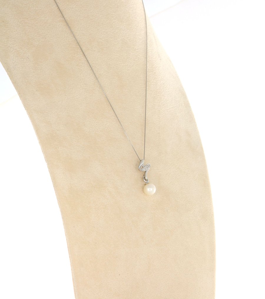 没有保留价 - 吊坠项链 - 18K包金 白金 -  0.04ct. tw. 钻石 (天然)  - 珍珠 #1.0