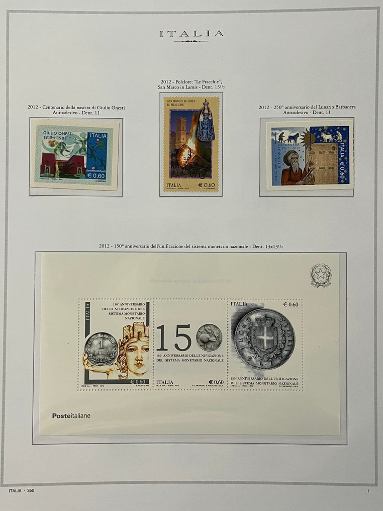 意大利 2012 - 意大利共和国2012年版邮票，全新，带完整橡胶。 #1.0