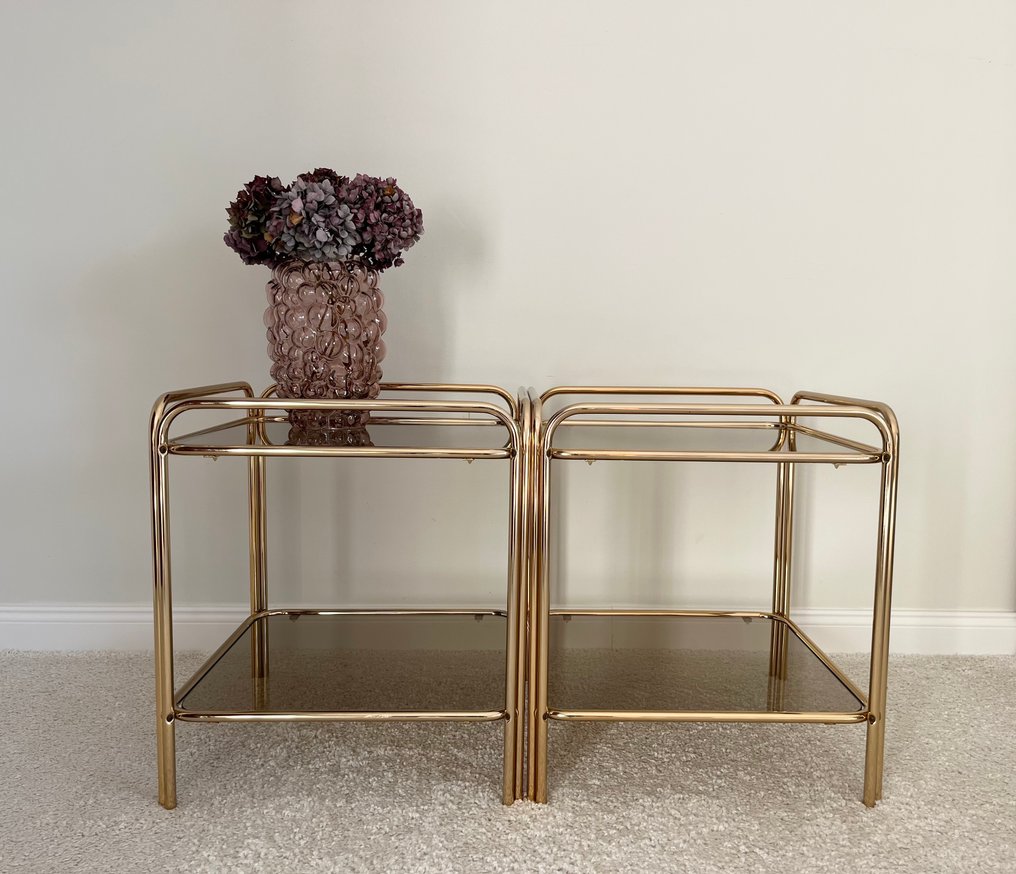 Table d'appoint - Verre, Métal - Ensemble de deux tables basses avec des plateaux en verre. #2.1