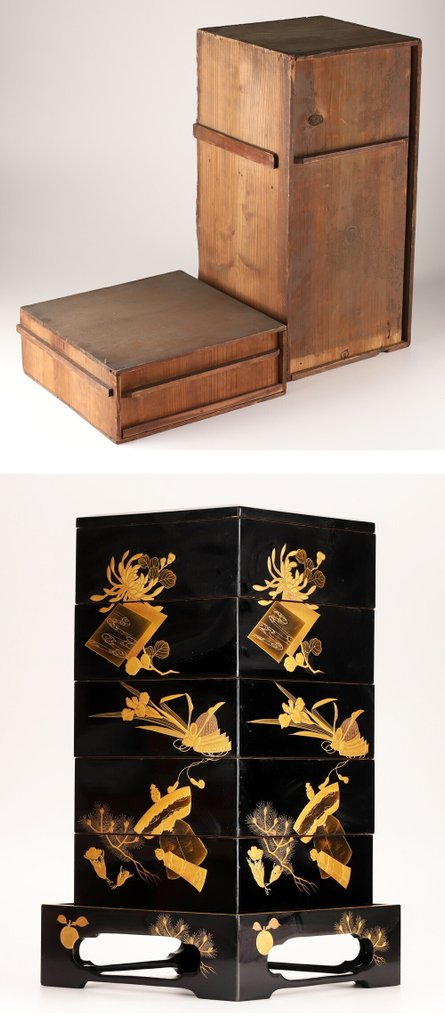 Wooden Lacquerware Five-Tiered Box and tray with Maki-e Design - Doboz - Fa - Jukabo #1.0