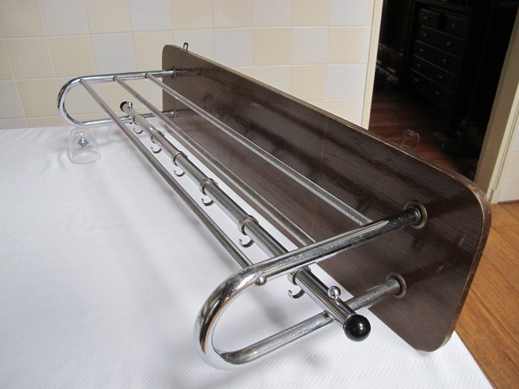 衣帽架 - 复古衣帽架和帽子板 镀铬和木材 1950 - 镀铬和木头 #3.2