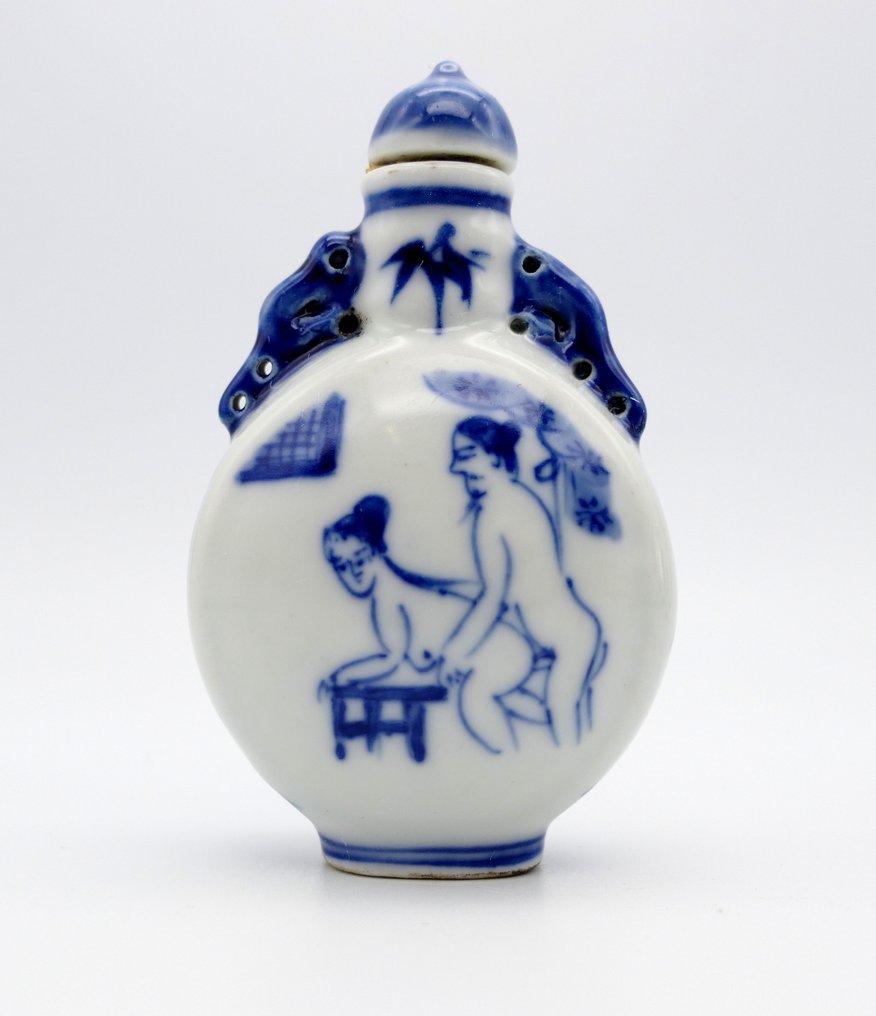 烟草盒 (3) - 稀有且古老的“情色场景”配有原装瓶盖 - 搪瓷, 瓷 #1.0