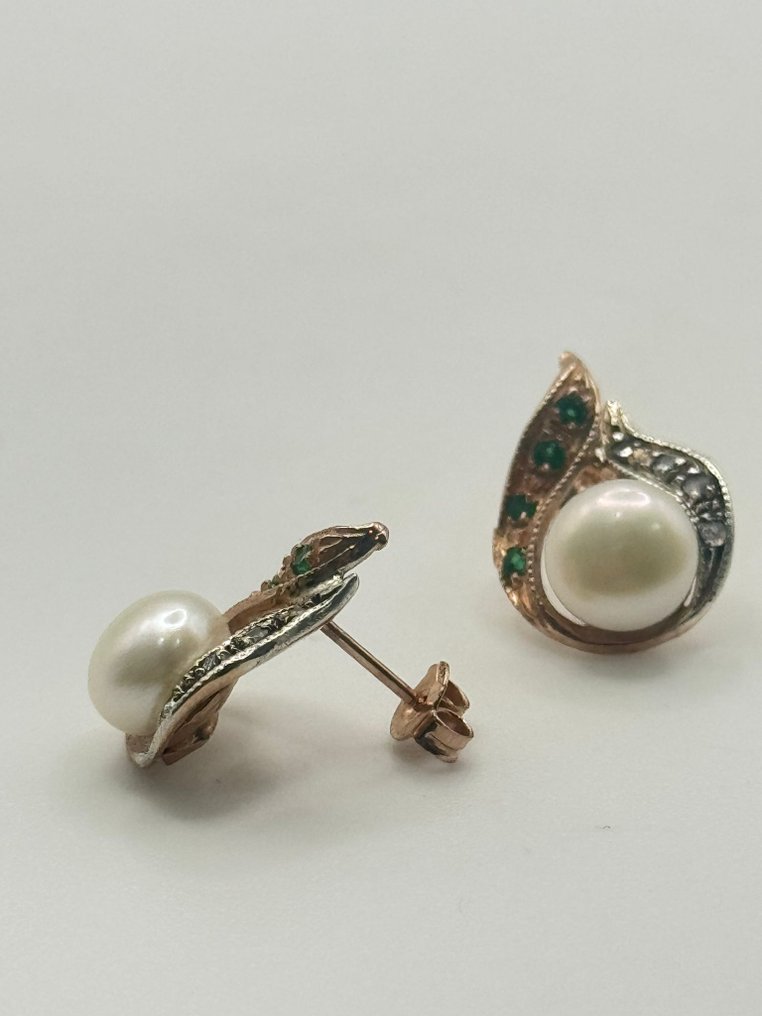 χωρίς τιμή ασφαλείας - Σκουλαρίκια - 9 kt. Ασημί, Ροζ χρυσό Σμαράγδι - Διαμάντι #1.0