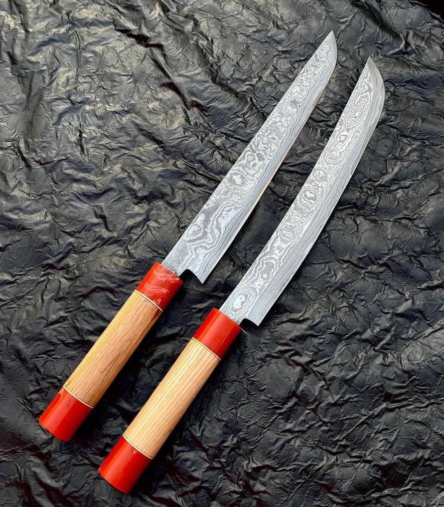 厨刀 -  厨房刀 - 大马士革10/95 15N20厨师刀，手工刀，梯形花纹 - 木头 - 亚洲 #1.0