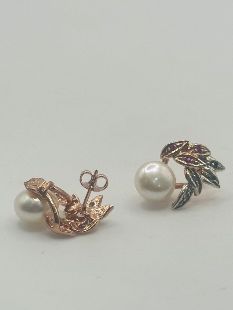 沒有保留價 - 耳環 - 9 節 銀, 玫瑰金 珍珠 - 紅寶石 #2.1