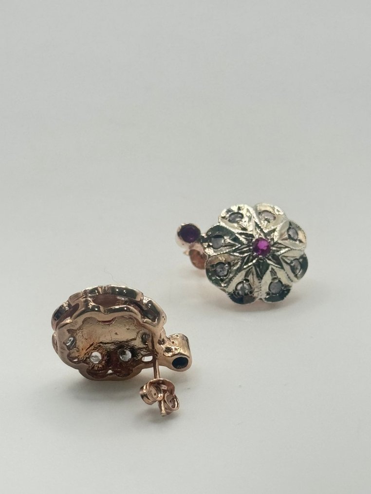 Senza prezzo di riserva - Orecchini - 9 kt Argento, Oro rosa Rubino - Diamante #1.0