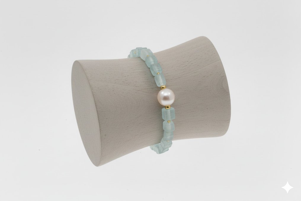 没有保留价 - 手镯 - 18K包金 黄金 珍珠 - 海蓝宝石 #1.0