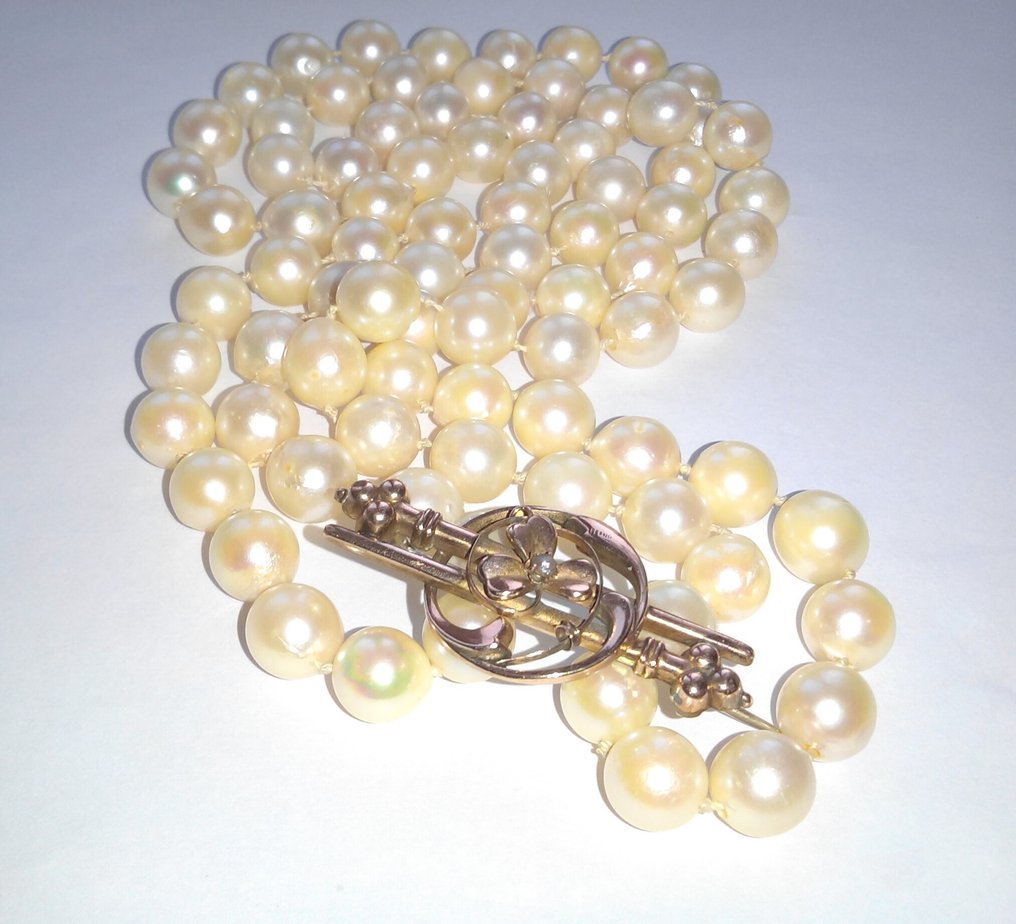 Sem preço de reserva - Colar Akoyaperlen de 84 cm de comprimento - Broche de ouro amarelo 14 kt - Pérola de relógio #2.1