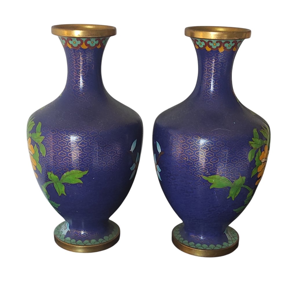 花瓶 - cloisonnè - 中國 - 一对花瓶“Floral” 蓝色  (沒有保留價) #4.3