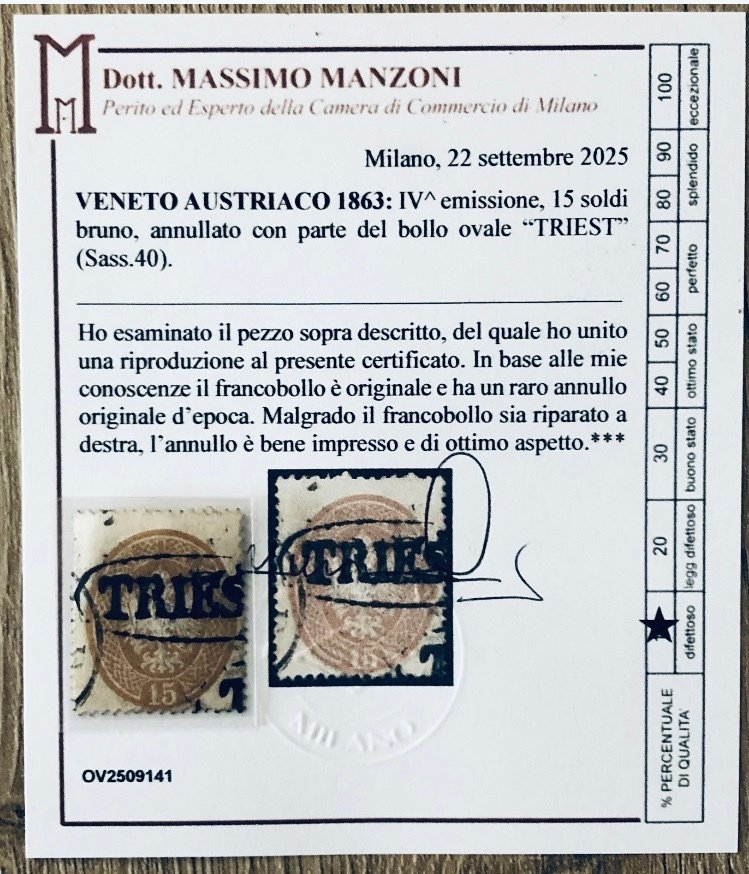 Austria 1867/1871 - Austria 15 kreuzer 1863 cancelación ovalada Trieste muy raro #1.0