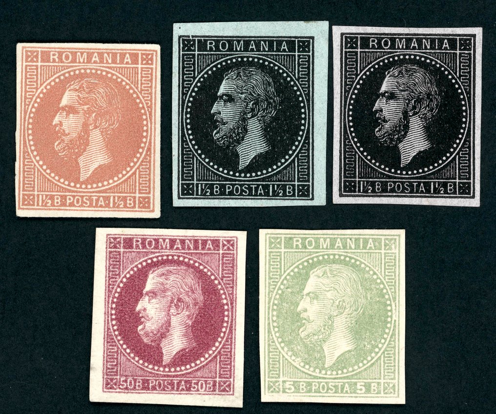 Roménia 1870 - Lote com 5 provas oficiais não cortadas em cores diferentes. - Rumänien - Probedrucke #1.0