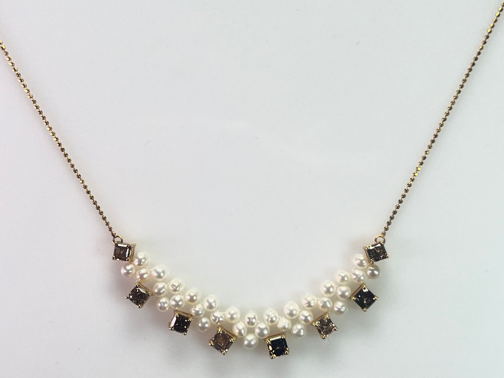 χωρίς τιμή ασφαλείας - Statement κολιέ - 14 καράτια Κίτρινο χρυσό -  18.31ct. tw. Διαμάντι (Φυσικού χρώματος) - Μαργαριτάρι - Fancy Brown VS-SI #3.2