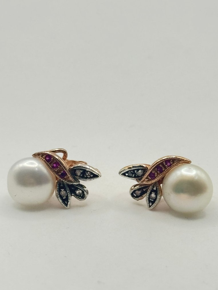 No reserve price - Earrings - 9 kt. Silver, Rose gold Ruby - Diamond #1.0