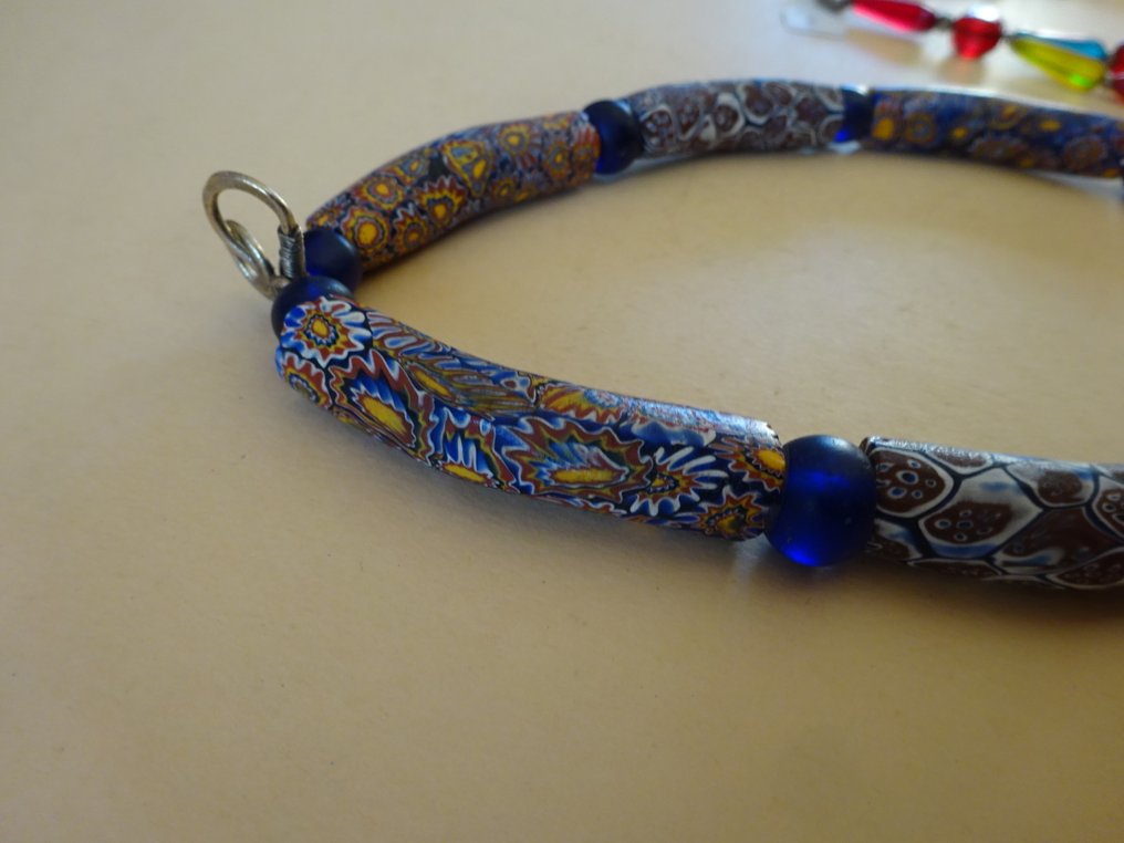 Collier of 7 very large elbow beads from Murano, type Millefiori / Mosaic, circa 1900, Ghana #2.1