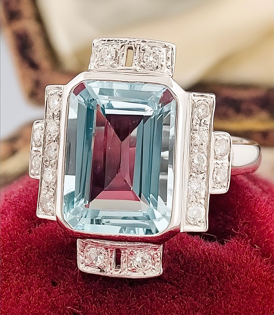 戒指 - 18 克拉 白金 海藍寶石 - 鉆石 #2.1