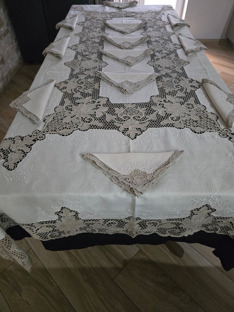 Antica tovaglia in puro lino con ricamo Burano di Venezia a mano 170x260 cm Spettacolare - Duk  - 260 cm - 170 cm #3.2