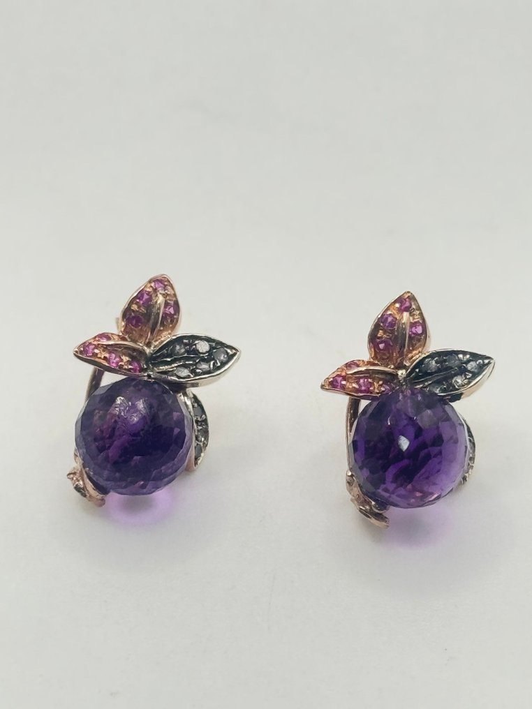 Sem preço de reserva - Brincos - 9 kt. Prata, Ouro rosa Ametista - Rubi #1.0