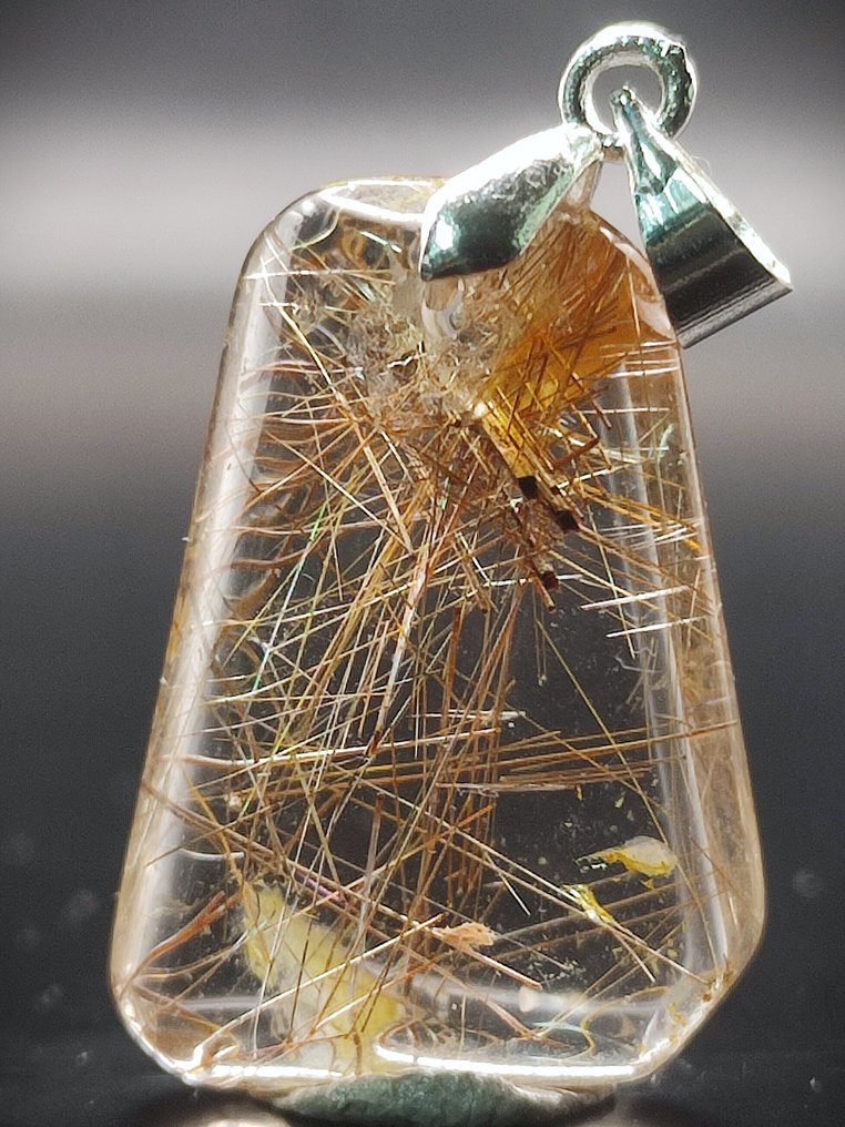 Nincs minimális ár szépséges, nagyon ritka, tiszta arany rutilezett kristálykvarc medál 925 ezüst - Függő #2.1