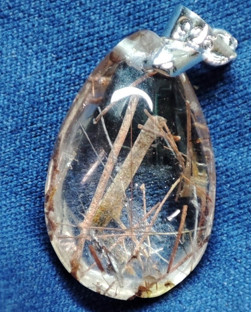 无保留价，非常漂亮，非常罕见，透明金色金红石包裹水晶石吊坠，925银夹子 - 吊坠 #4.3