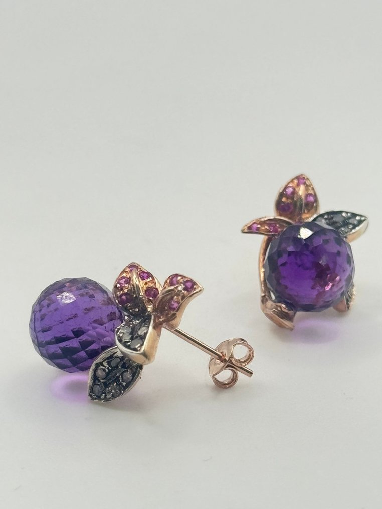 Sem preço de reserva - Brincos - 9 kt. Prata, Ouro rosa Ametista - Rubi #1.0
