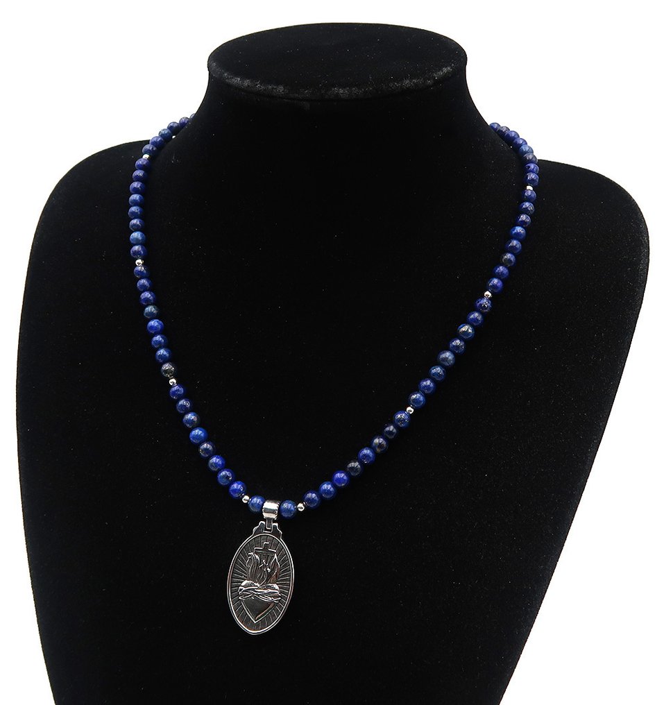 青金石 - 项链 - 基督 - 圣心 - 救赎的象征，内在力量 - 银925扣环，珍珠 - 吊墜頸鏈 #3.2