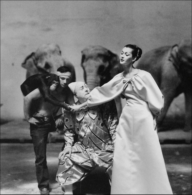 Richard Avedon (1923–2004) - Dovima with Emilien Bouglione and a clown,  gown by Hubert de Givenchy.  Cirque d’Hiver, Paris, #2.1
