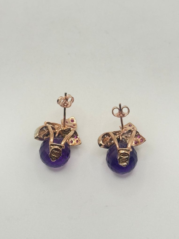 Sem preço de reserva - Brincos - 9 kt. Prata, Ouro rosa Ametista - Rubi #4.3