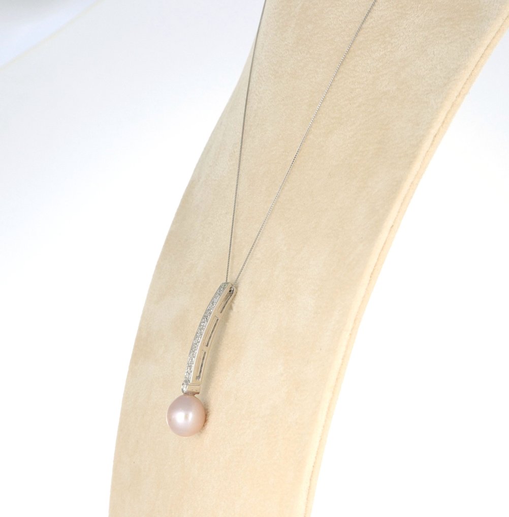 没有保留价 - 吊坠项链 - 18K包金 白金 -  0.35ct. tw. 钻石 (天然)  - 珍珠 #3.2