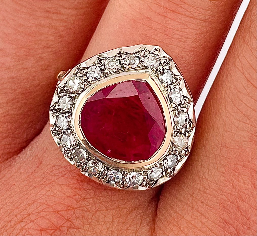 Δαχτυλίδι - 12 kt. Κίτρινο χρυσό, Ασημί Ρουμπίνι - Διαμάντι #4.3