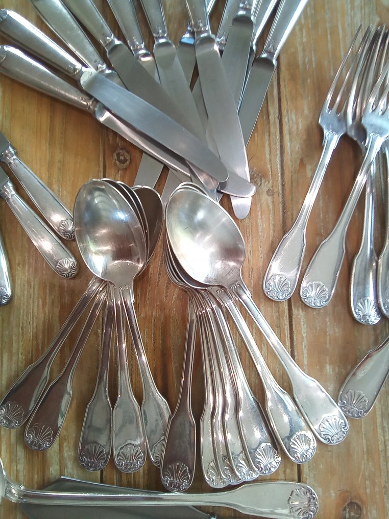 Alfénide (Christofle) - Cutlery set for 12 (50) - Shell - Silverplated #1.0