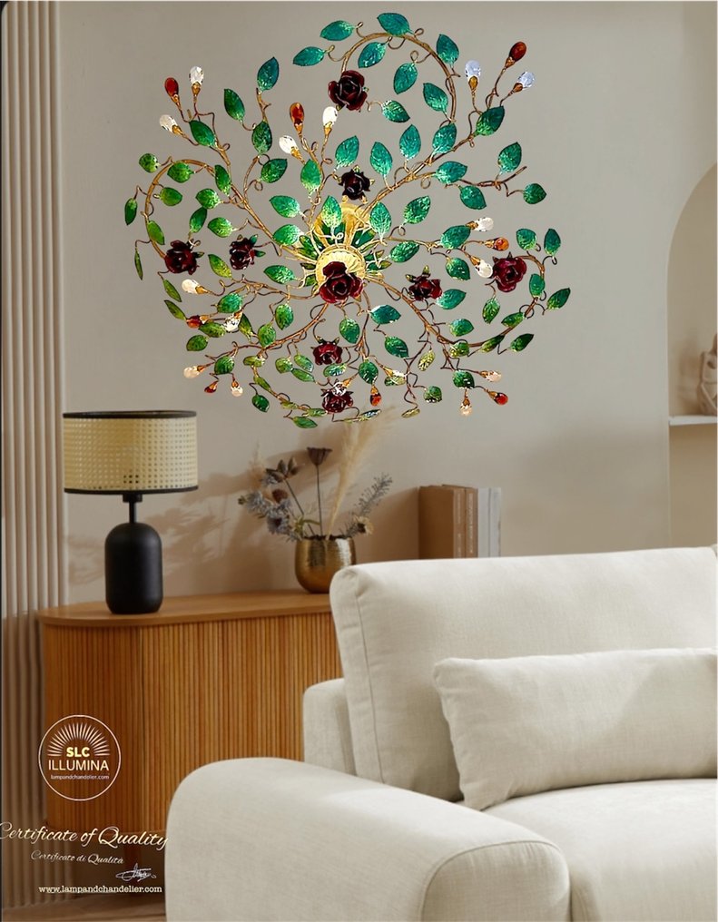 SLC Illumina - MG - Ceiling lamp - Rose laminated in gold with green leaves. - Wrought iron #1.0